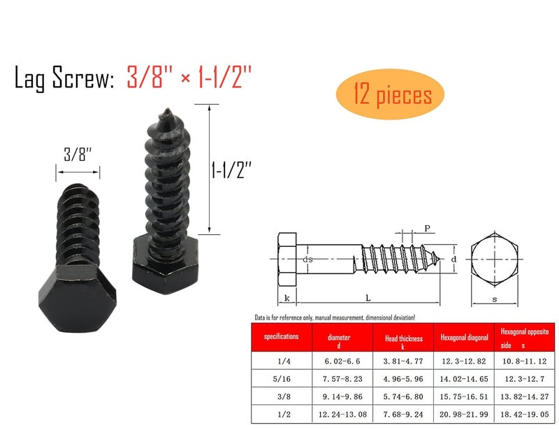 LBY 12pcs Lag Screws, 3/8" x 1-1/2" Hex Head Lag Screws Bolts (with Washers), Heavy-Duty Wood Screws for Decking & Structural Fastening, 304 Stainless Steel, (Black) - Image 3